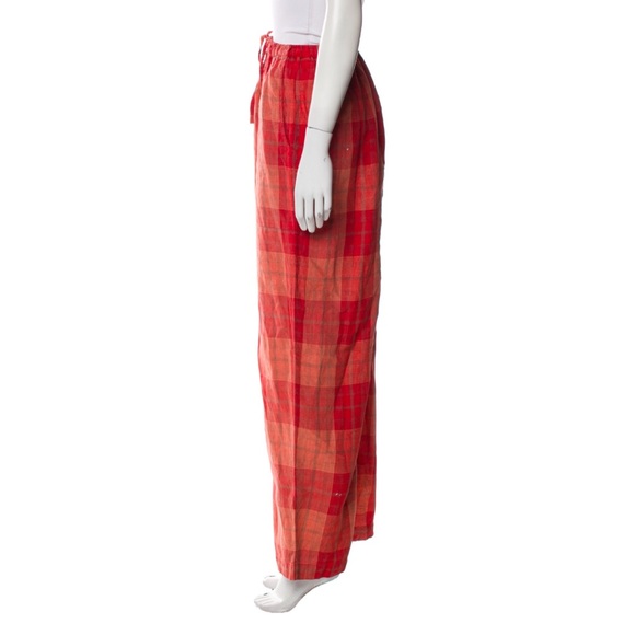 Eskandar 100% Linen Orange Plaid Wide-Leg Pants - Picture 2 of 3